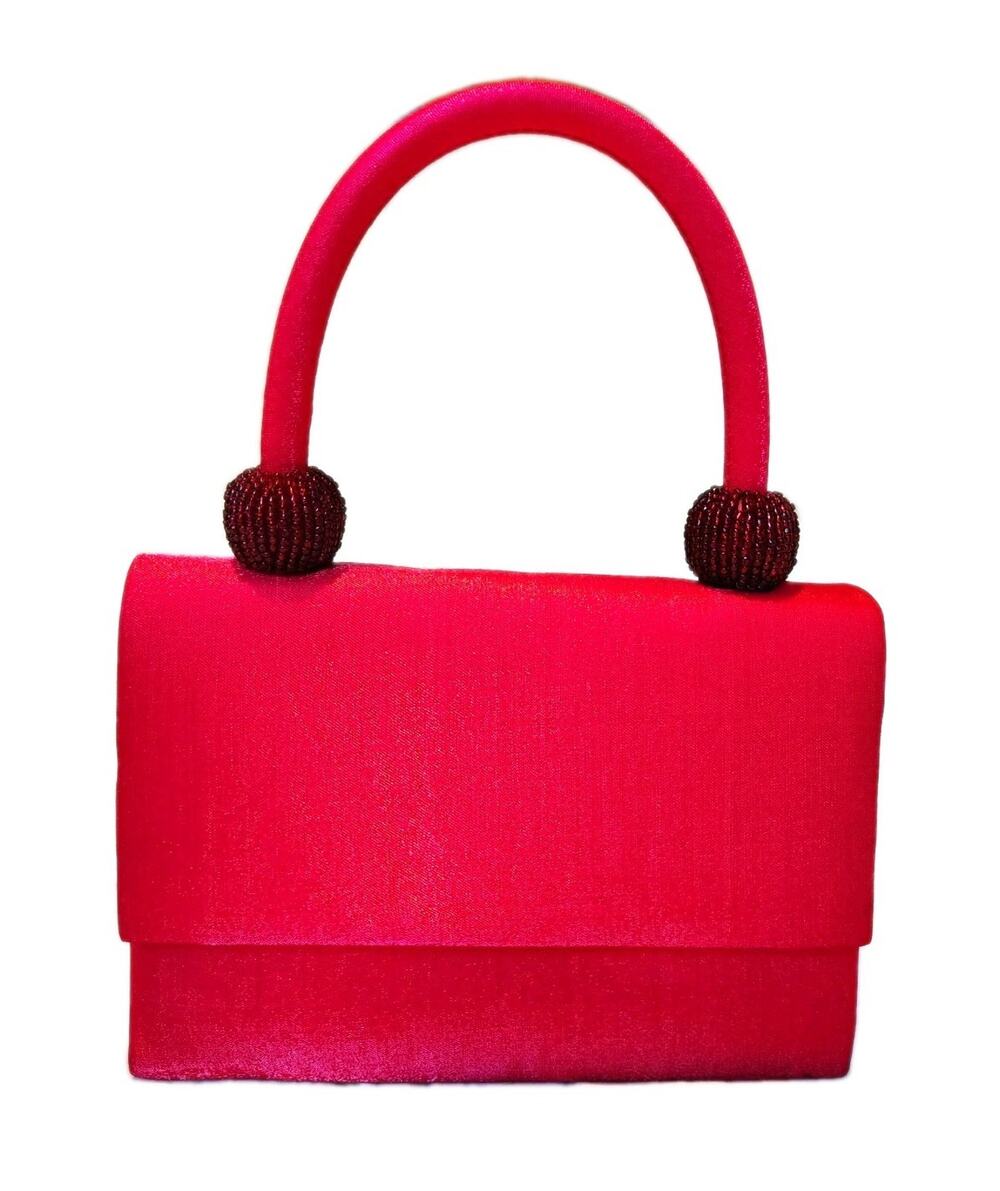 Vintage Red Satin Evening Bag With Beaded Handle And Cord Strap Cocktail Glam